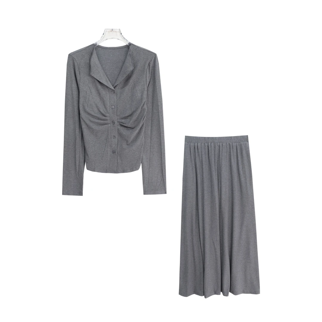 S设计感褶皱修身小众小衫纯色半身裙套装S3686