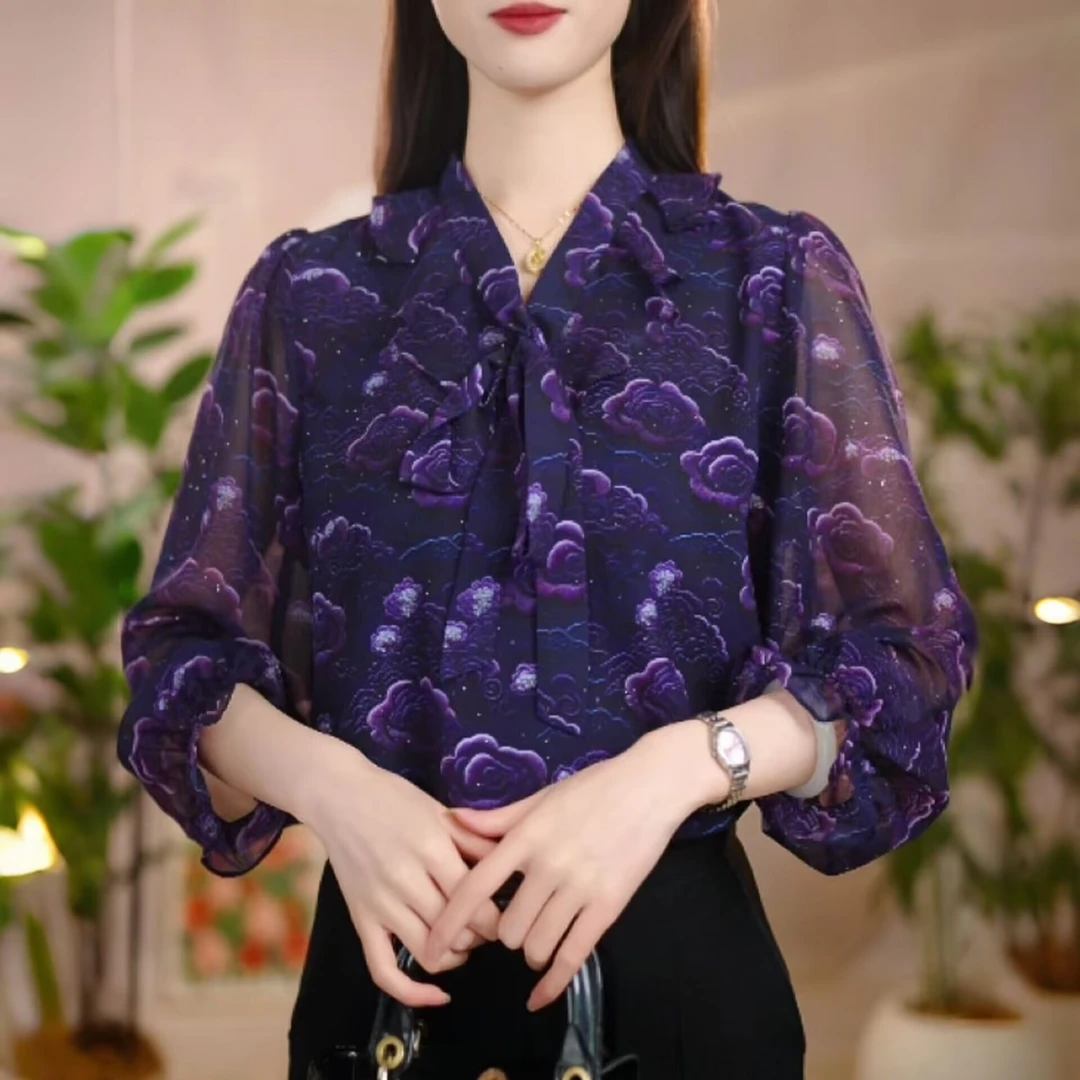 夏季九分袖薄款紫色冰丝衬衫大码胖mm遮肚显瘦气质防晒雪纺小衫