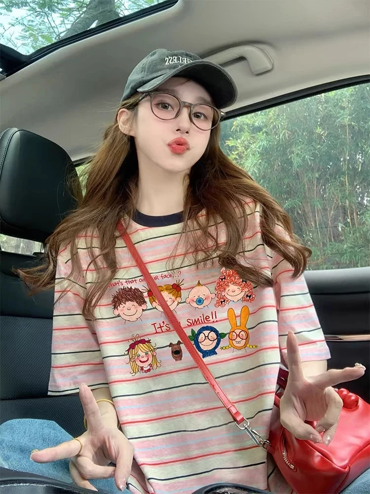 卡通撞色条纹短袖t恤女新款夏季美式宽松衣服洋气减龄学院风上衣