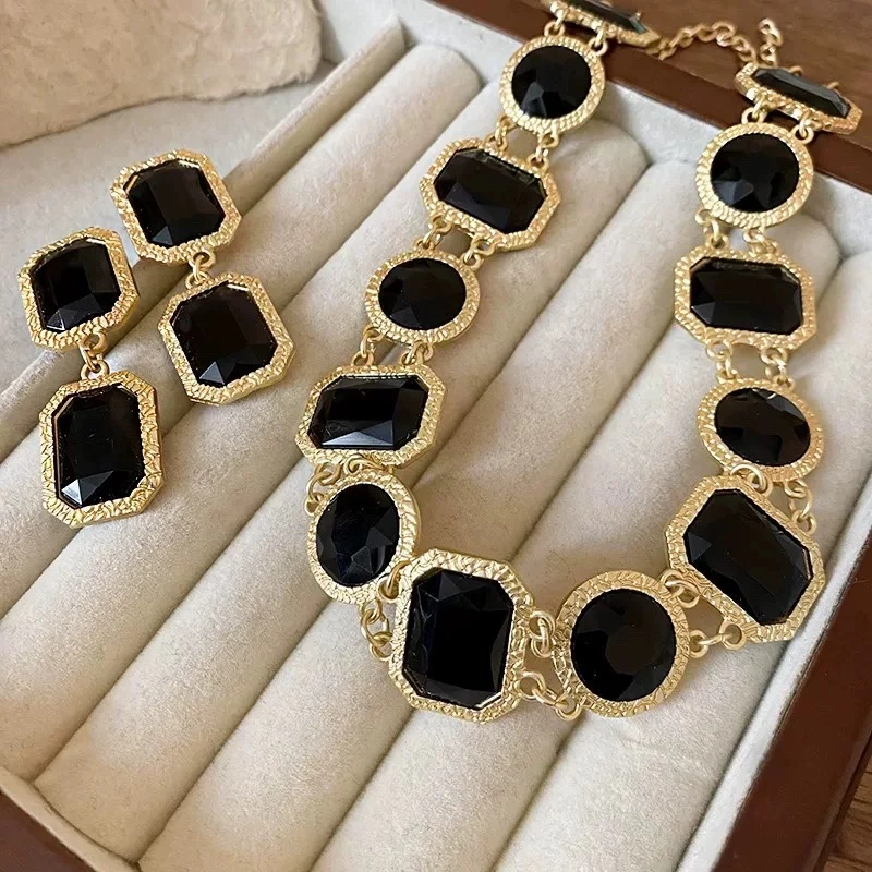 铜合金耳饰 【563】轻奢简约时尚中古方块项链女法式风礼服套装耳钉