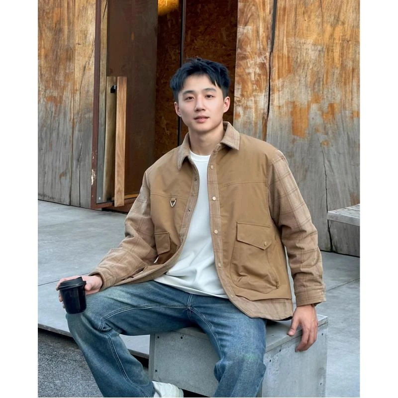 HUYA2024秋冬设计款灯芯绒拼接假两件翻棉服百搭外套M11-1216