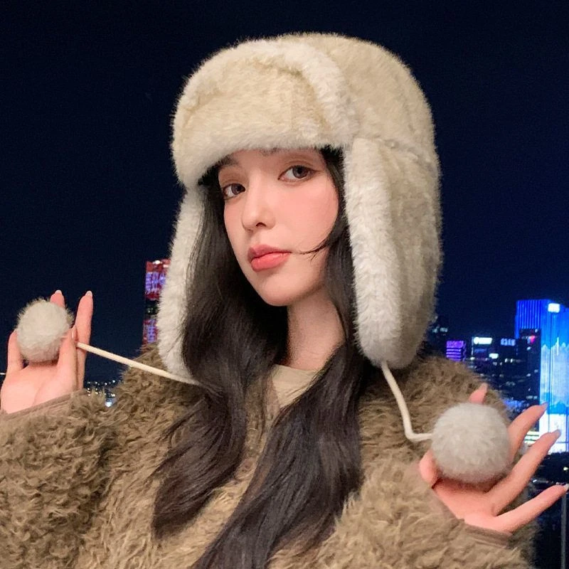 韩版2025新款冬天帽子女加厚防寒雷锋帽时尚纯色仿貂毛护耳一体帽