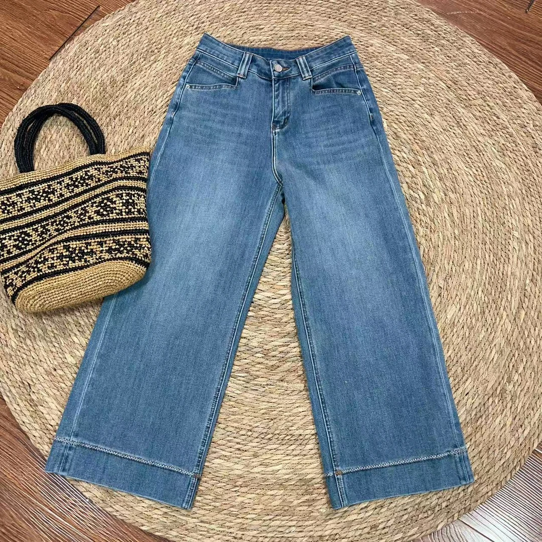 【那尚新品】微阔直筒弹力超显瘦高腰九分牛仔裤