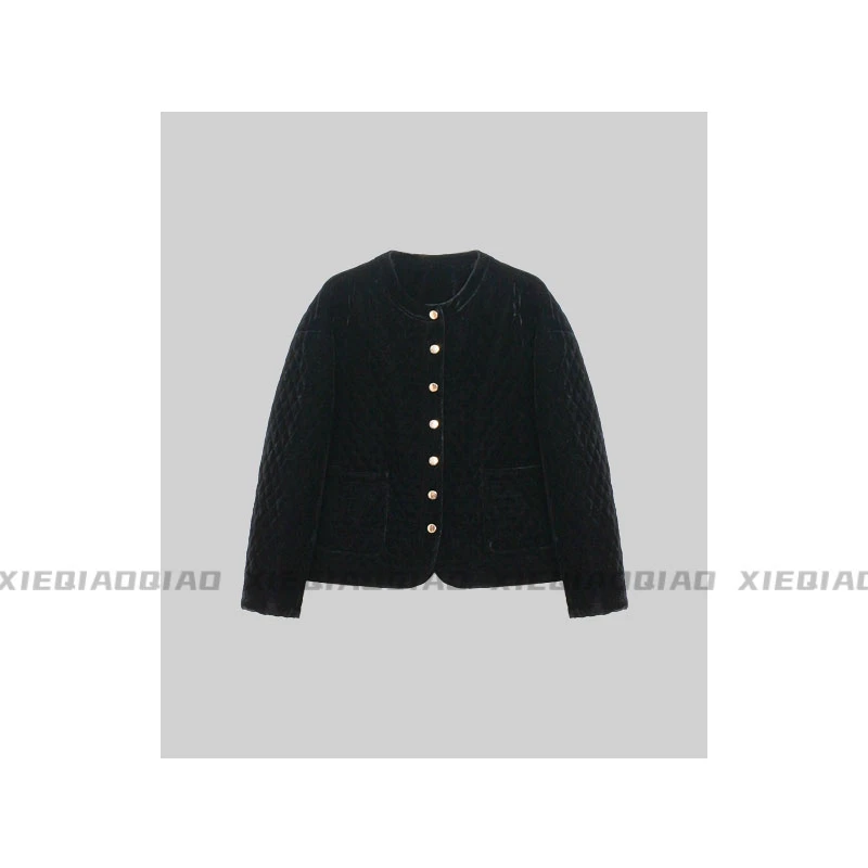 谢荞荞「意式恰巴塔」秋冬季新款丝绒绗缝格小个子宽松棒球服外套