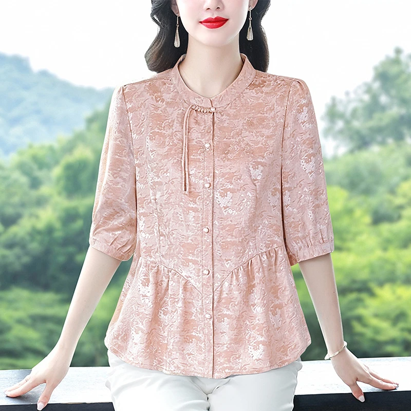 新款拍摄夏季中式妈妈优雅大方雪纺衫气质短袖衬衫中年女性上衣