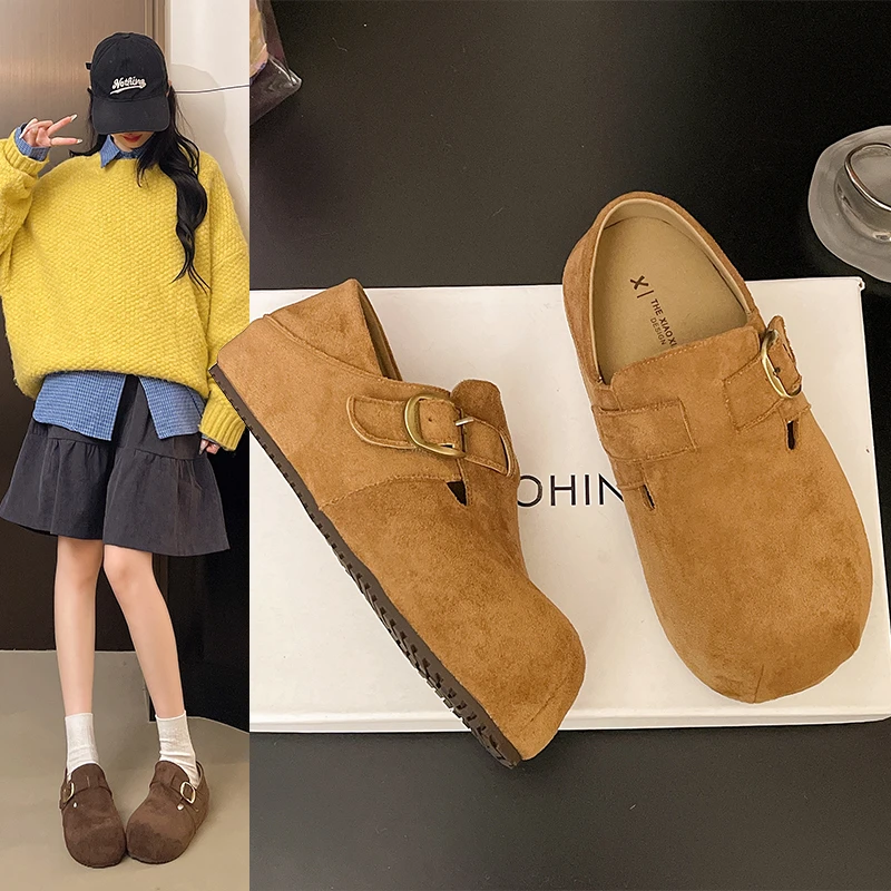 厚底内增高全包勃肯鞋女2025秋季新款一脚蹬包头两穿博肯单鞋女潮