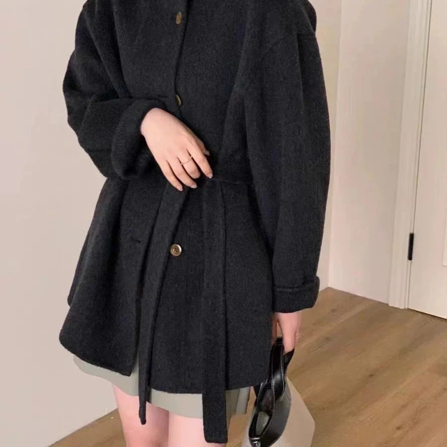 新款高端立领双面羊毛韩系气质系带显瘦羊毛呢外套