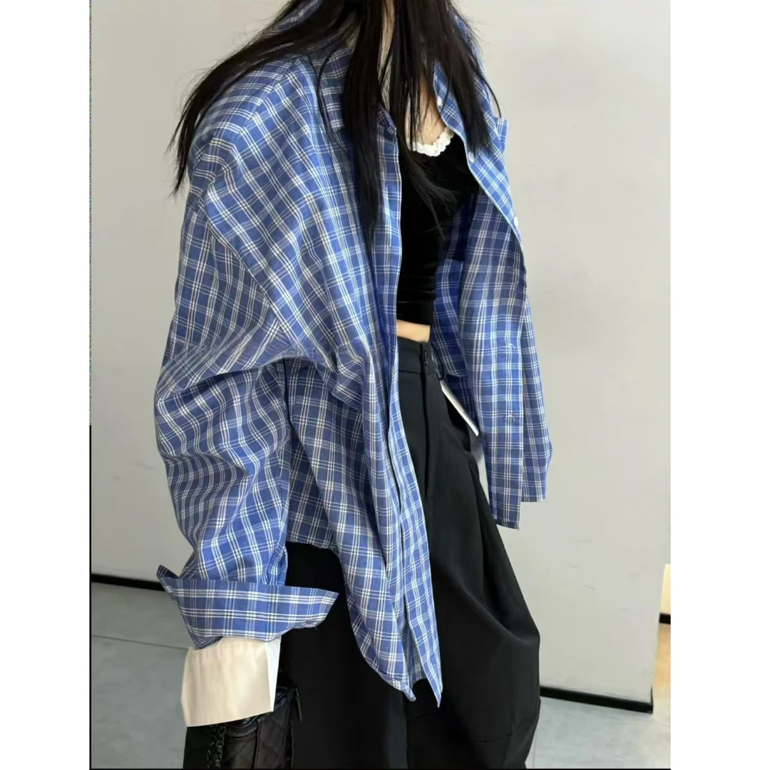 【春款-现货】2025東room春季新款设计款双袖口小蓝格垫肩衬衣女