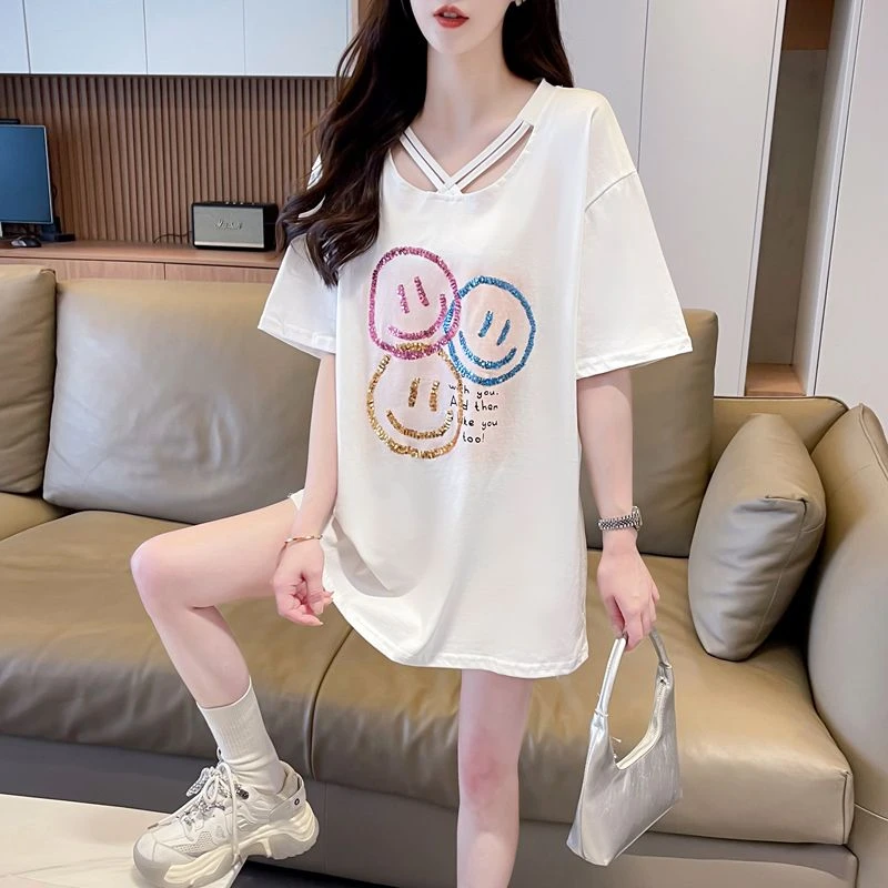 2025夏季新薄款纯棉短袖T恤女洋气减龄卡通宽松百搭女体恤遮屁股