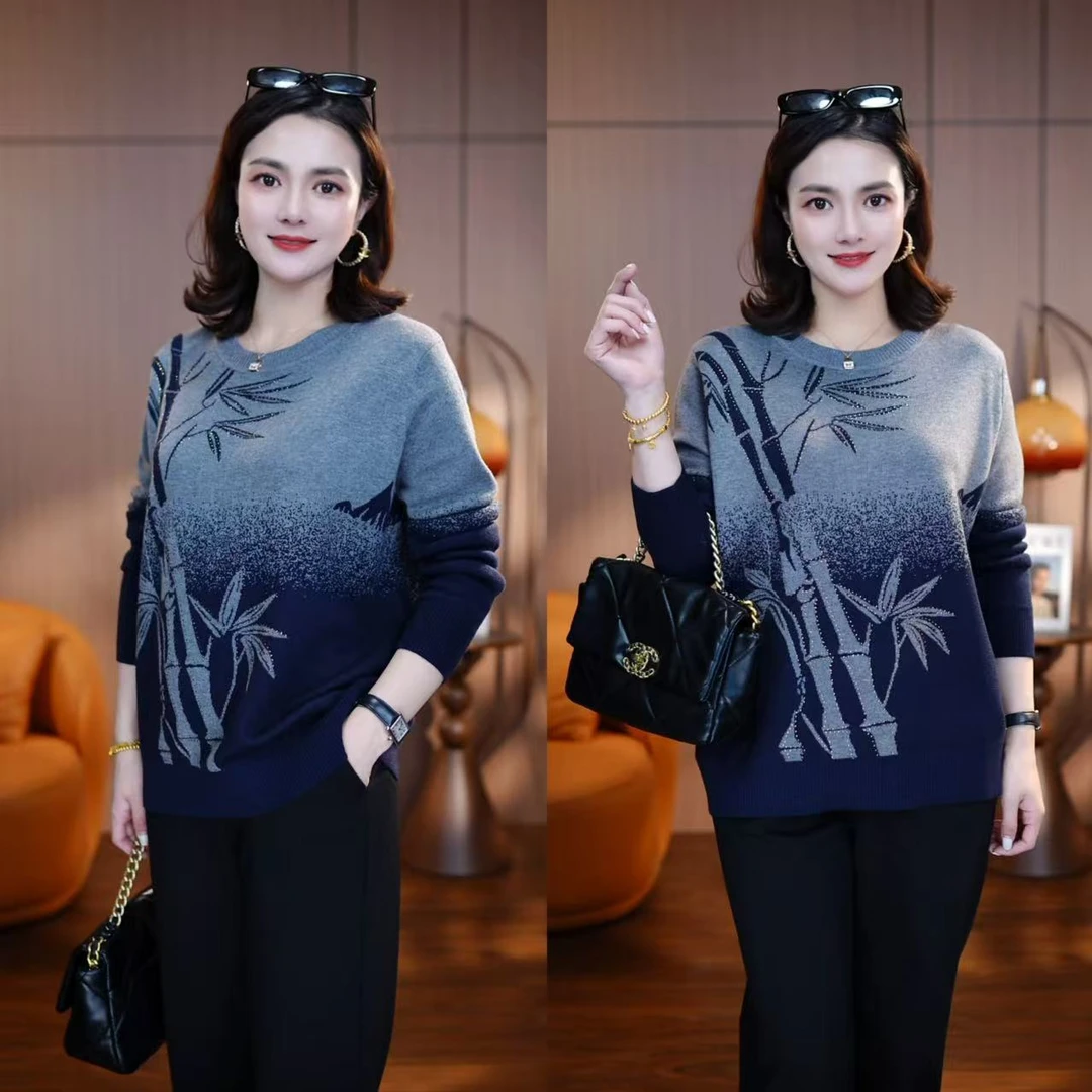 月下听竹A奶奶装大码圆领针织衫百搭毛衣洋气女冬季显瘦保暖宽松