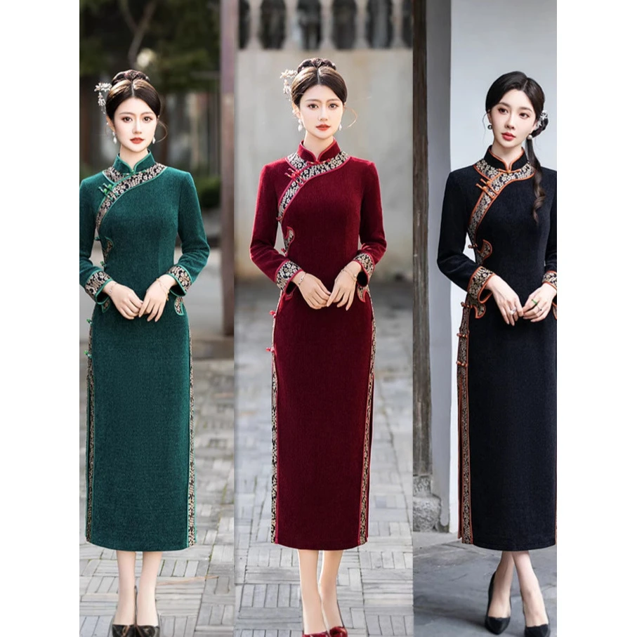 中式旗袍加厚大码连衣裙女款中国风新款可穿冬季妈妈长袖秋冬