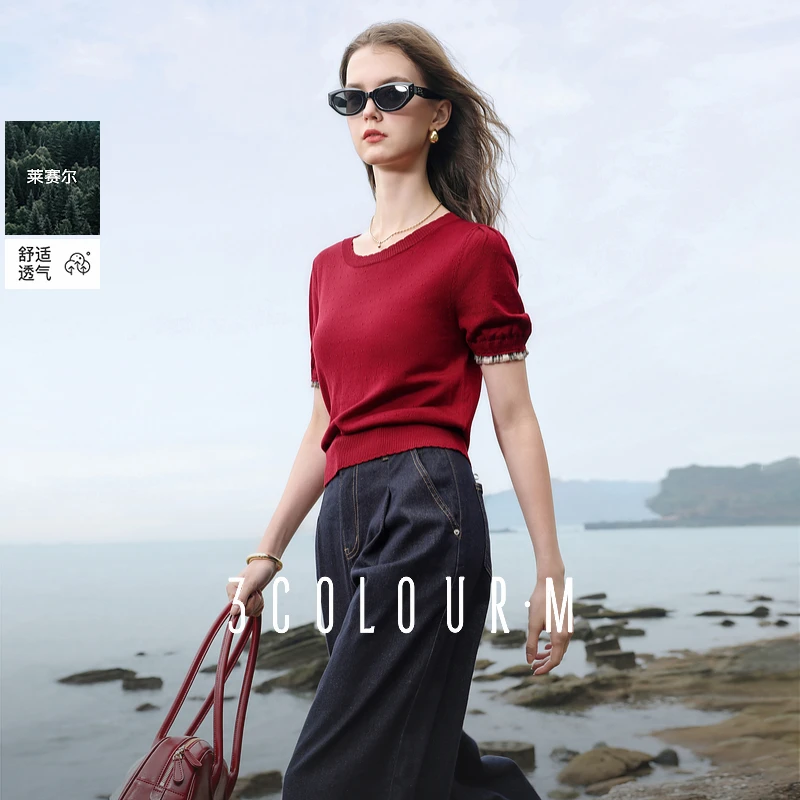 【唐长老专属】三彩2025夏季新款莱赛尔针织衫圆领泡泡袖拼接dbx