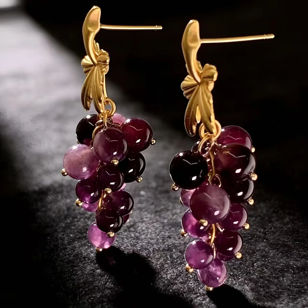 合金仿珍珠耳饰 中古风葡萄串长耳环新年小众金色树叶气质复古