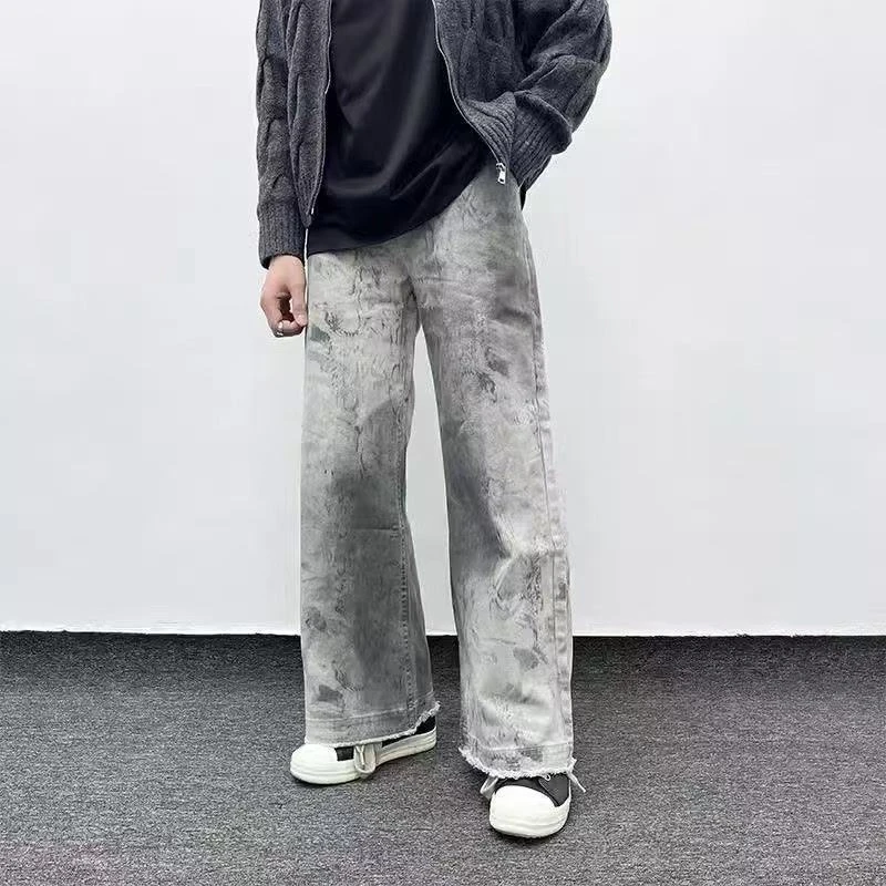高街做旧蛇纹脏染牛仔裤男女潮牌cleanfit街头毛边显瘦宽松直筒裤