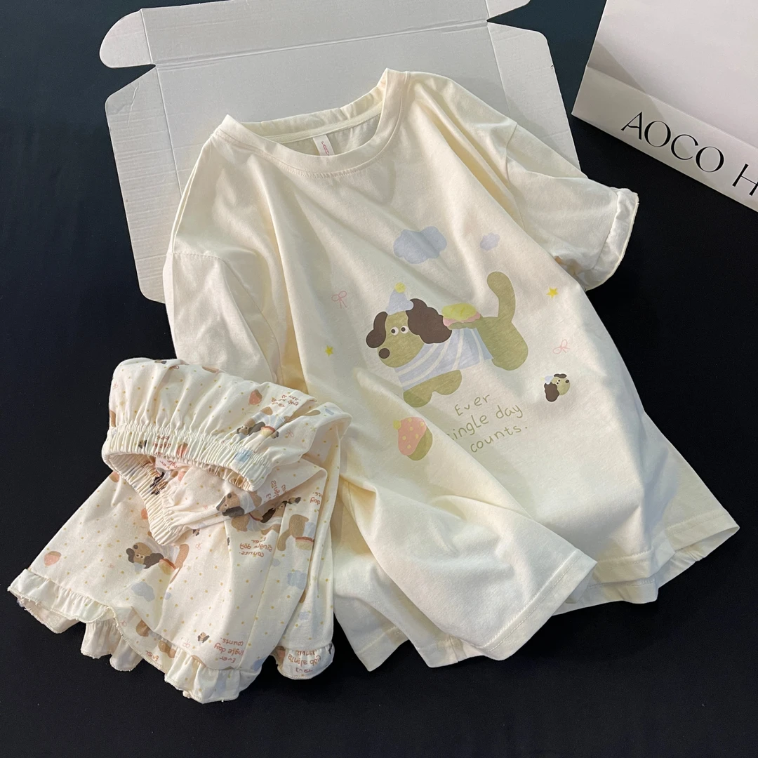 纯棉睡衣女夏季短袖大码凉感可外穿2025新款蓝条狗套装夏天家居服