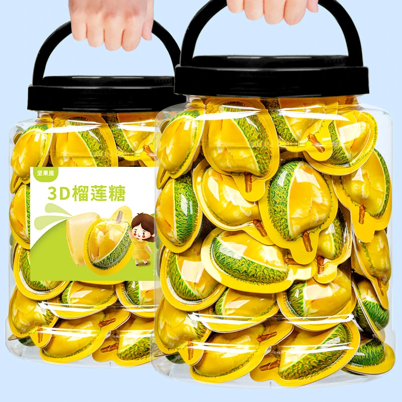 大桶装3D榴莲糖600g独立包装网红零食水果味休闲零食办公室解馋