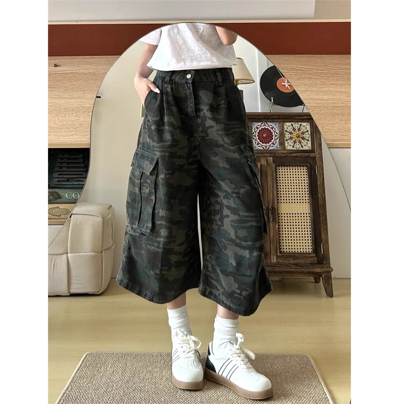 美式复古迷彩工装七分裤男女夏季显瘦八分中裤子直筒阔腿高街短裤