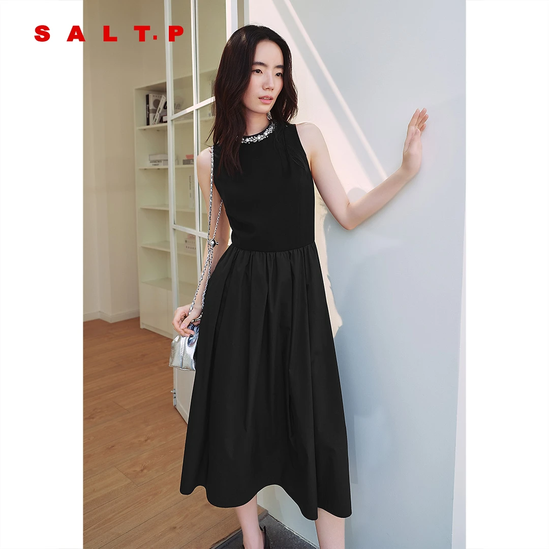 SALT.P可颜显瘦气质时尚夏季黑色复古收腰拼接连衣裙