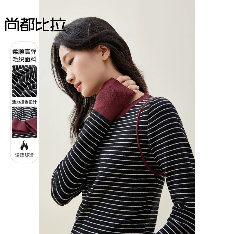 舒适休闲安可拉红撞色条纹上衣圆领肩部明线假两件造型毛衣58706