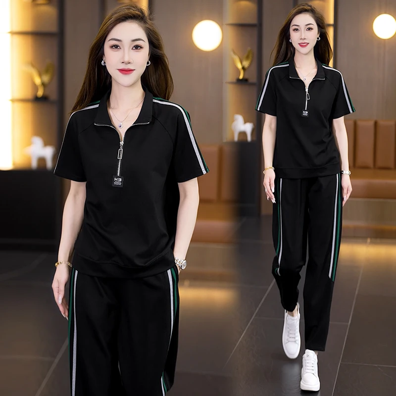 简约休闲套装2025夏季新款时尚宽松减龄立领上衣哈伦裤两件套