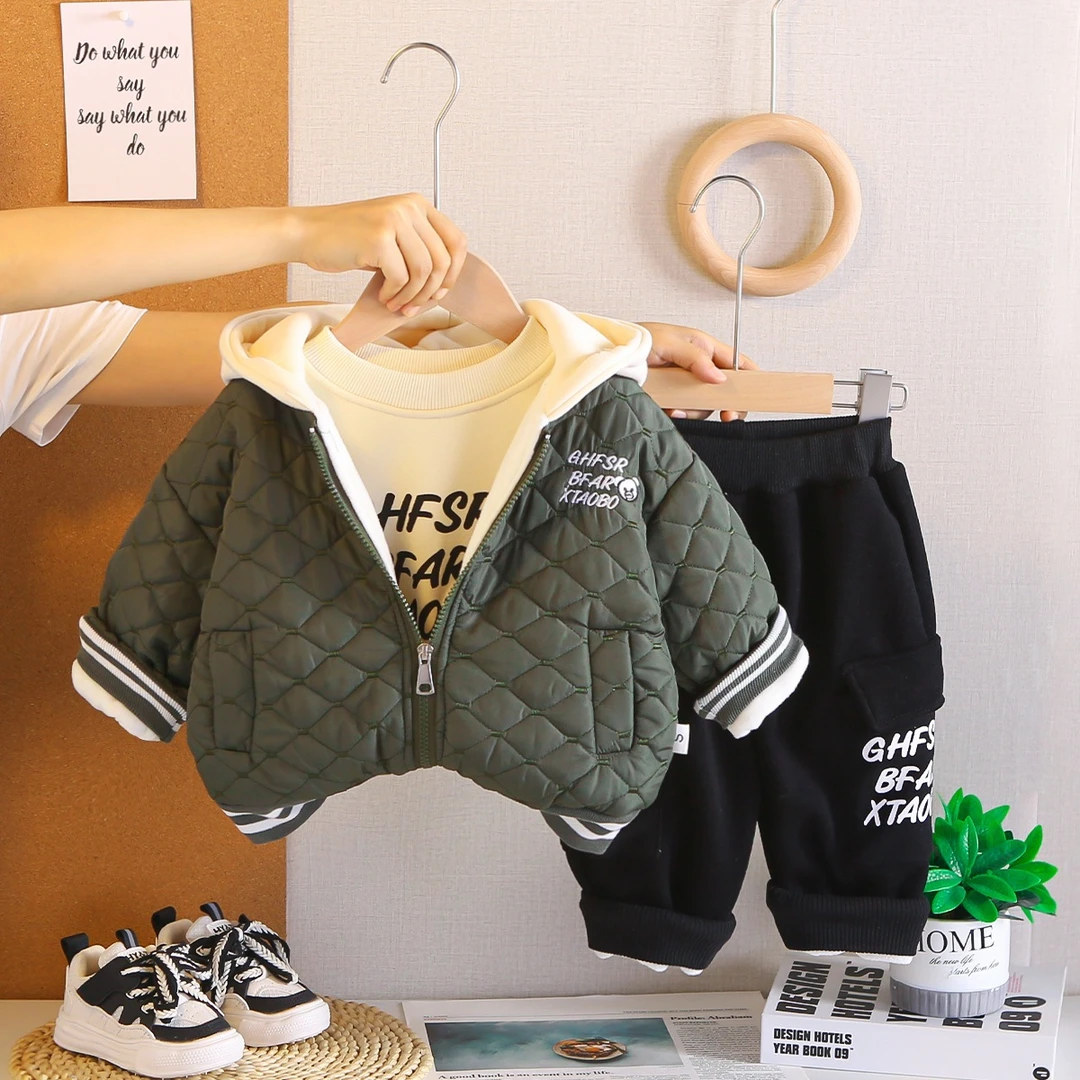 2025冬装套装加绒加厚新款婴儿童装宝宝冬季保暖连帽三件套潮2025