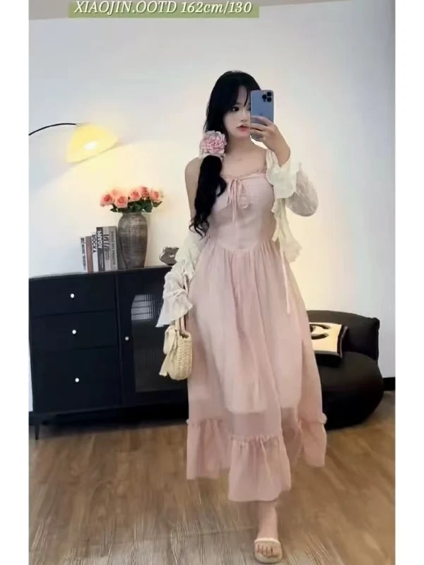 法式大码时尚百搭显瘦粉色长短款吊带裙外披-6329