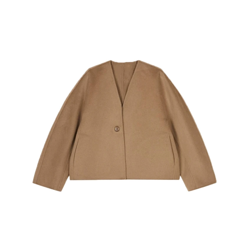 V领外搭一粒扣双面呢大衣10640