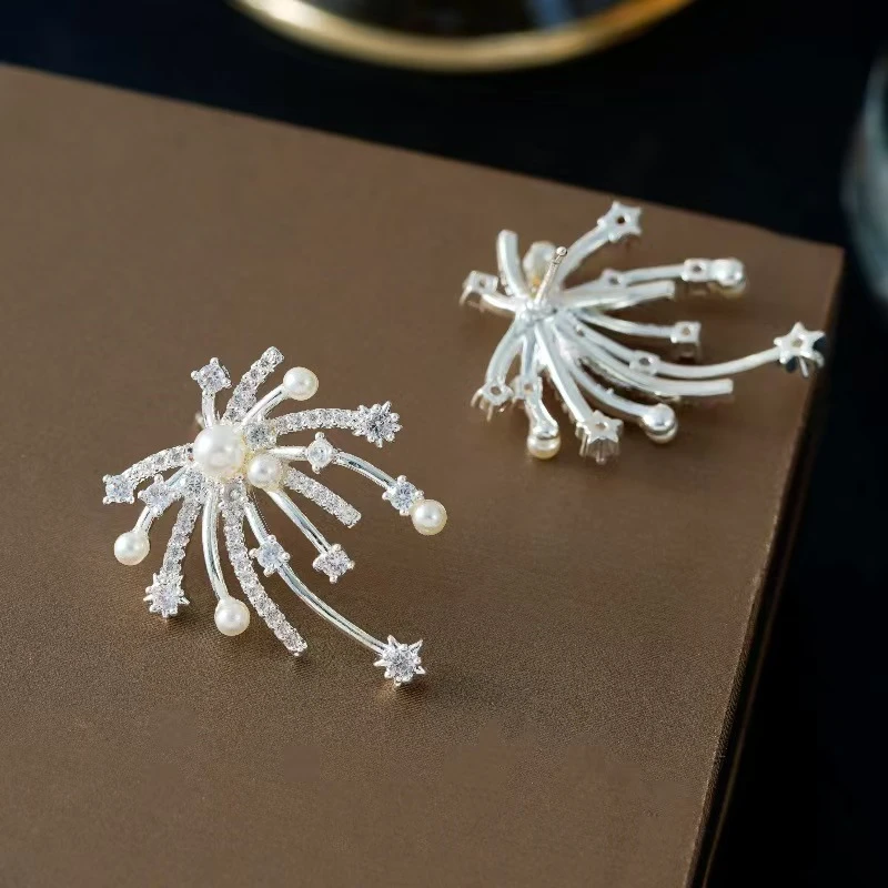 铜合金耳饰 真金电镀烟花珍珠耳钉时尚百搭手工小众耳环气质轻奢