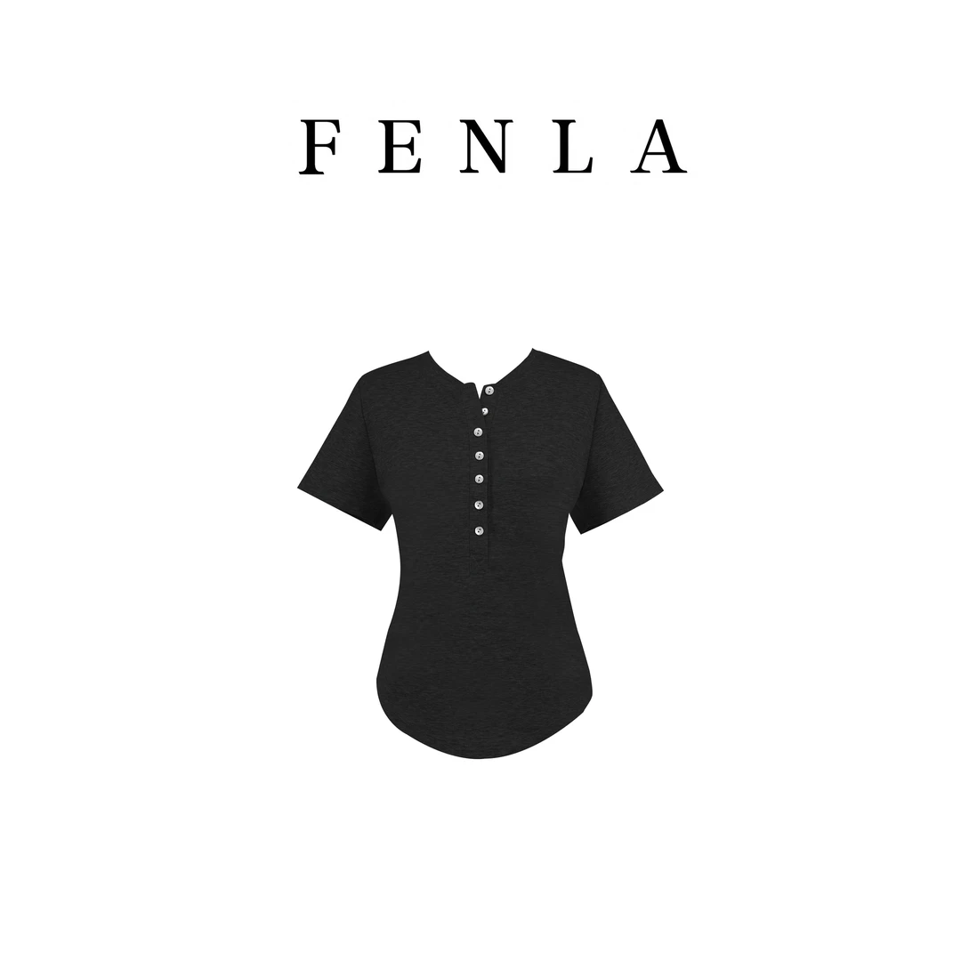 【惠姐私服】修身显瘦领口单排半开扣纯色简约百搭短袖T恤 83573