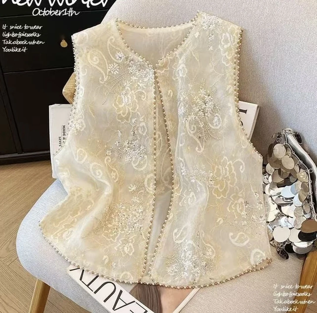 新款春夏重工钉珠水晶亮片时尚提花百搭新中式马夹上衣106