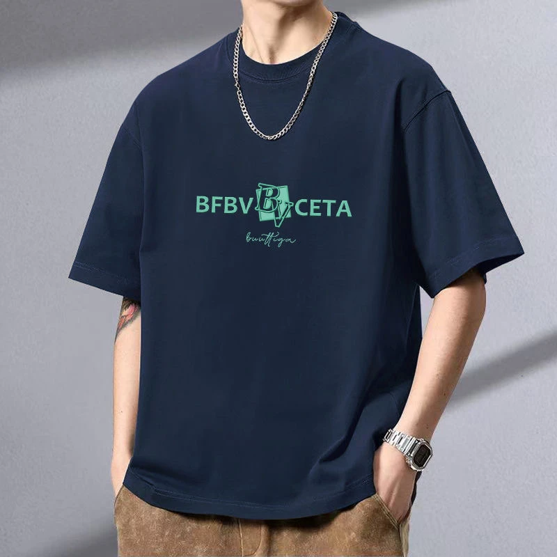 夏季新款简约字母印花短袖t恤男宽松圆领大码显瘦半袖打底上衣潮