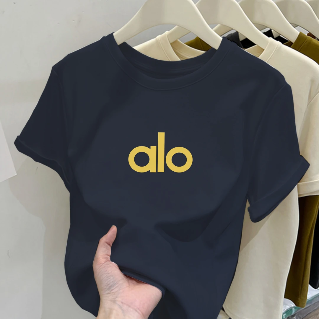 2025新款圆领字母alo印花纯棉短袖小个子女修身显瘦百搭上衣