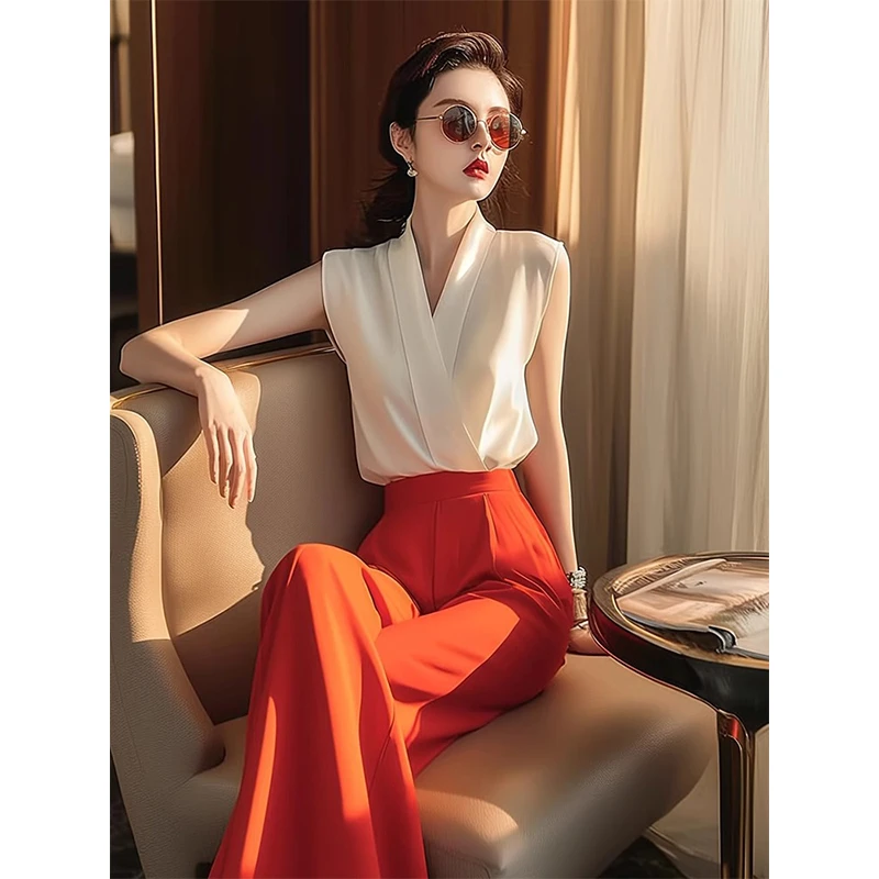 小香风干练气质女装炸街减龄时尚法式白色无袖上衣阔腿裤两件套装