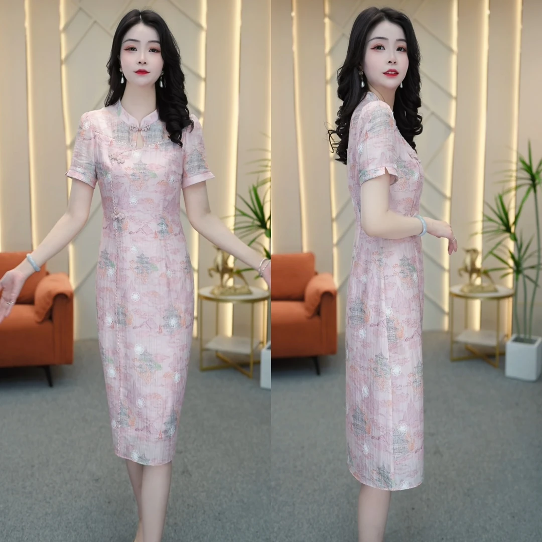 2025夏季新款五一年轻妈妈日常减龄旗袍印花显高显瘦连衣裙M-4XL