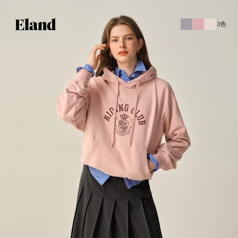 Eland衣恋卫衣女时尚印花落肩阔版连帽上衣EEMTF89S01