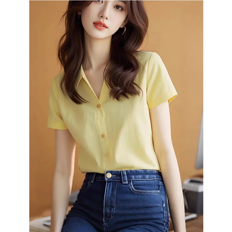 2025时尚春季流行穿搭上衣法式高级感独特别致设计感黄色短袖衬衫