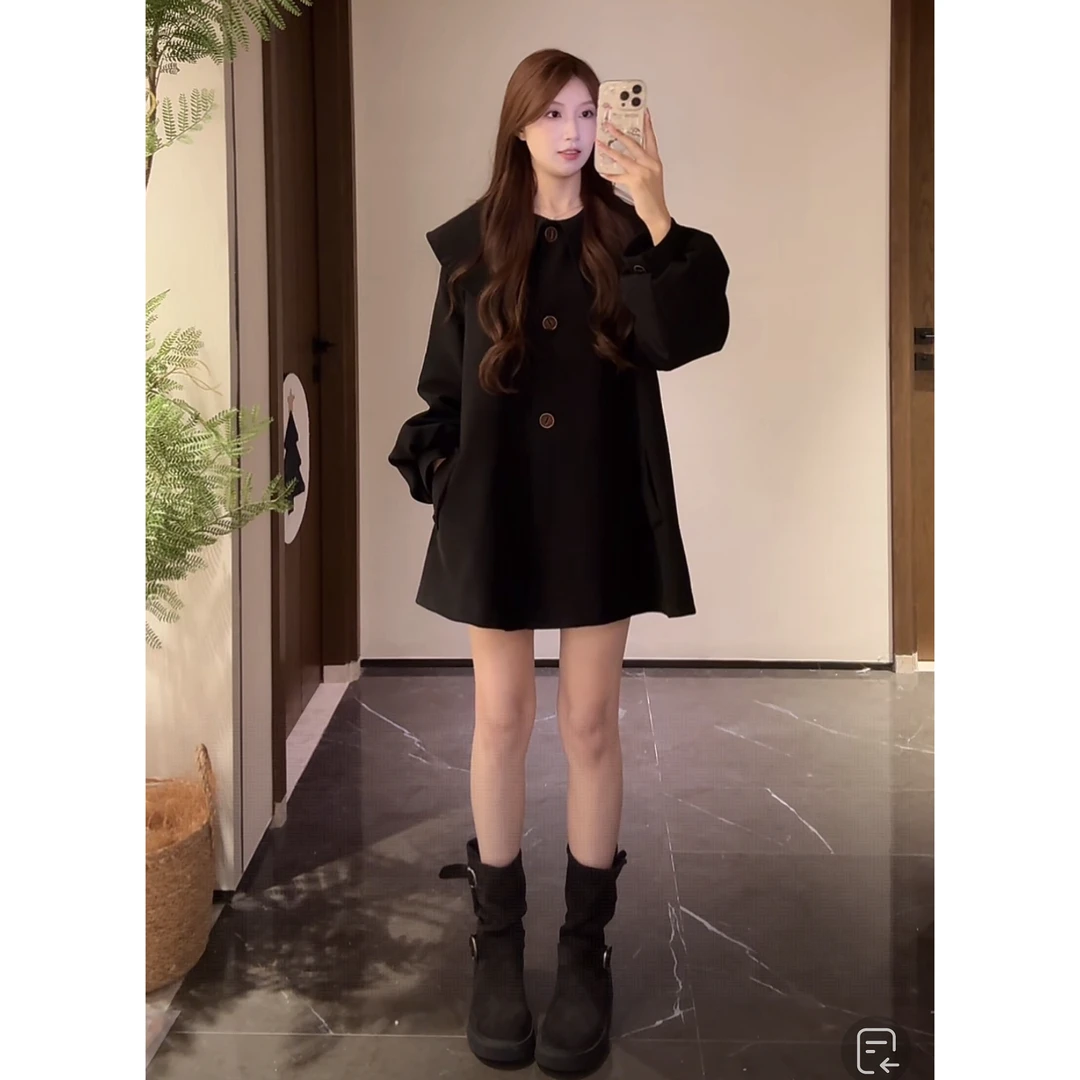 TT-9911早秋新款韩版洋气娃娃领风衣女中长款收腰显瘦灯笼袖外套