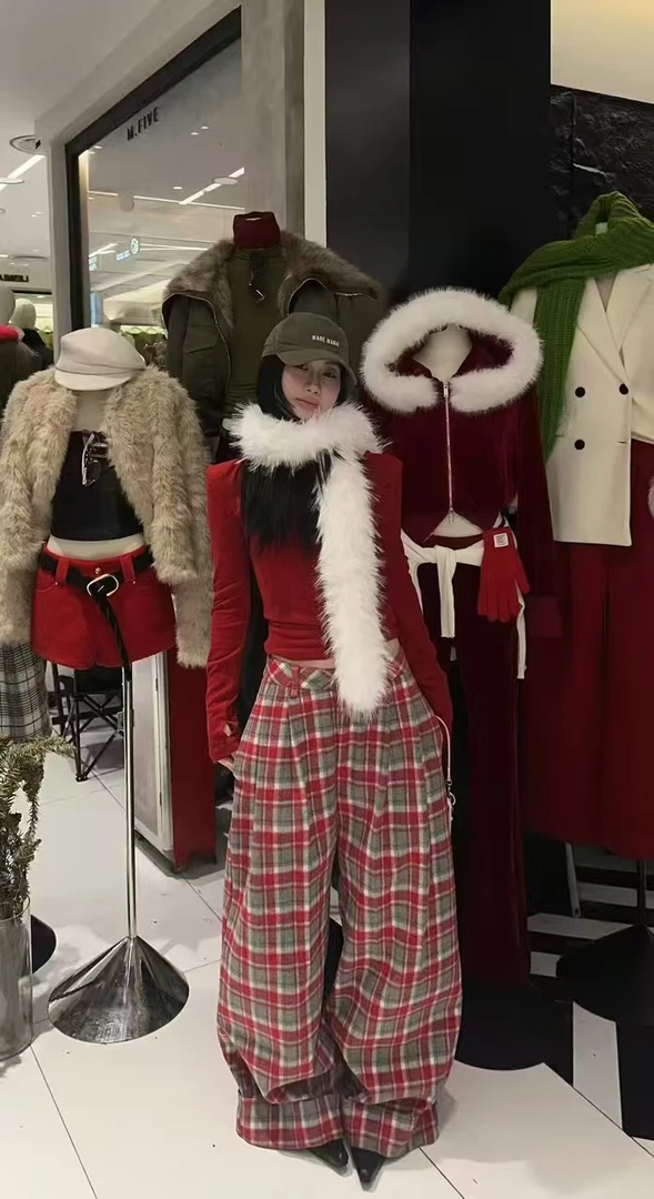 【奥莉】2025秋冬：纯色针织上衣+复古格子纹加绒高腰阔腿裤套装9025