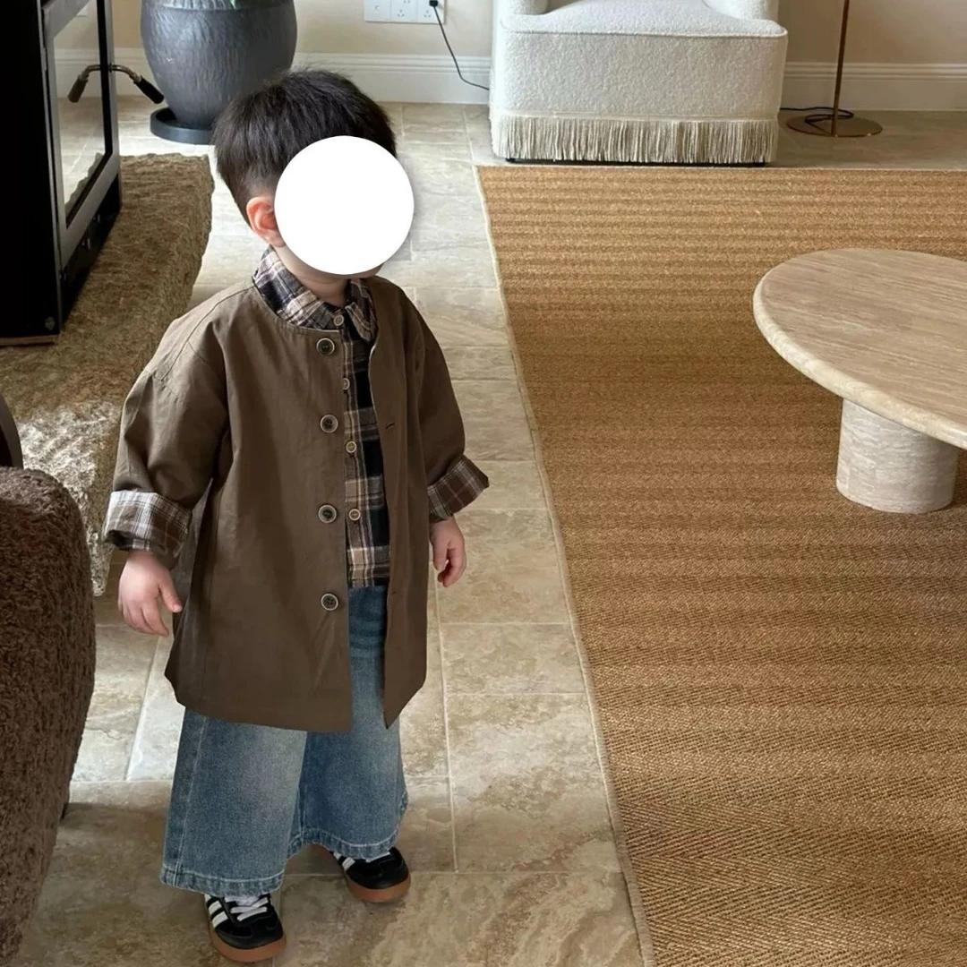 男童三件套2025新款秋装儿童百搭翻领风衣男女孩宽松衬衫牛仔套装