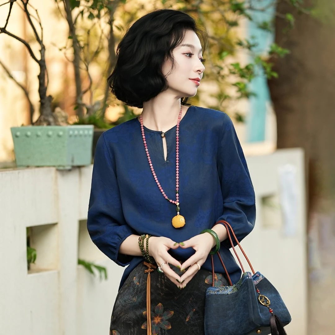 西子/【蓝调双生】25姆米非遗香云纱碧纹染双面穿湛蓝上衣/SYTJ387