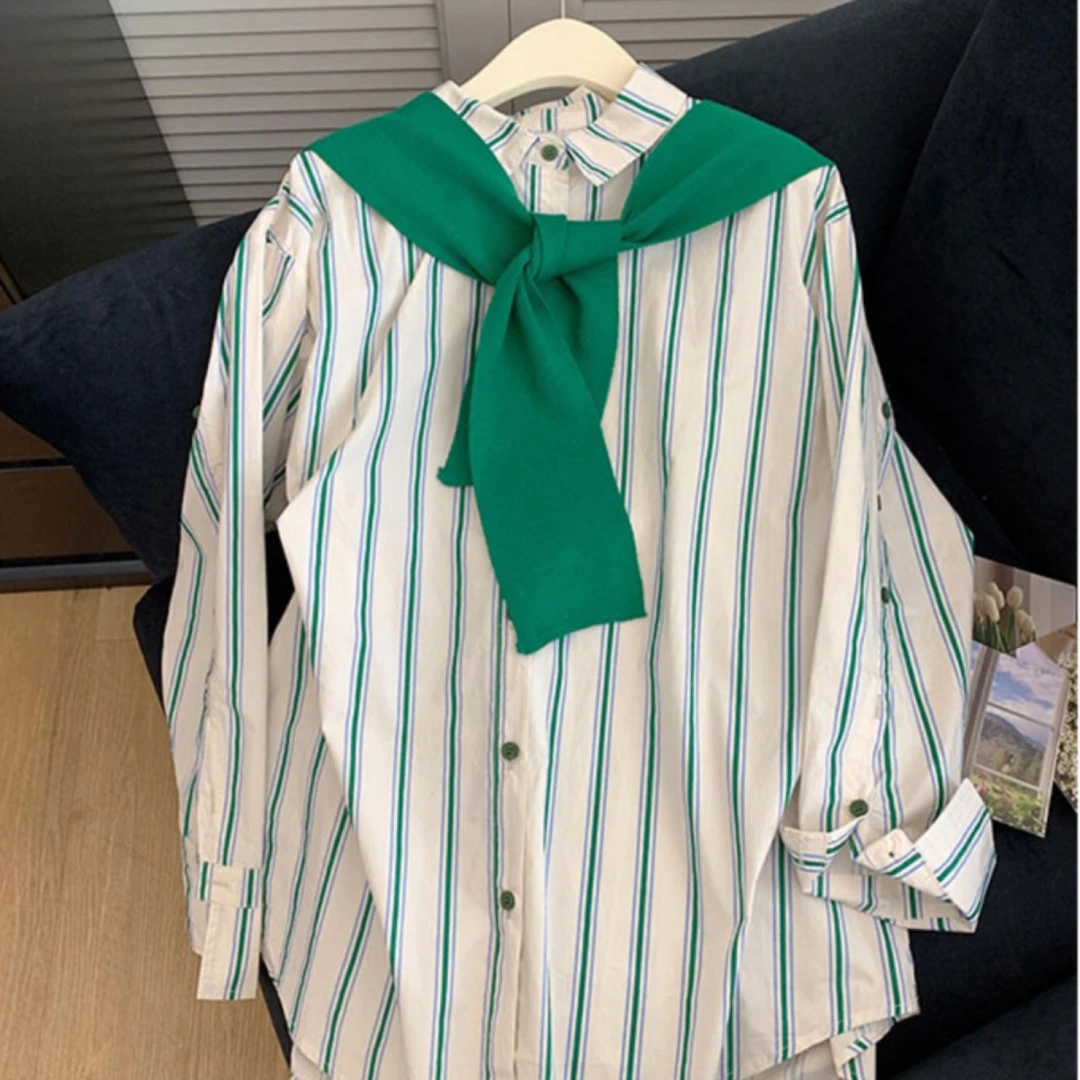 绿色条纹长袖衬衫女秋季2025新款韩版宽松小众设计感百搭披肩衬衣