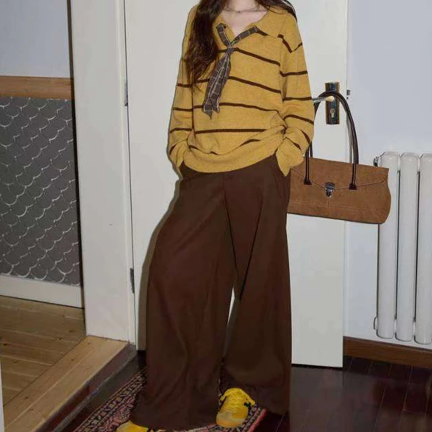 黄色POLO领条纹套头加厚毛衣秋冬宽松针织衫长袖上衣裤子套装两件