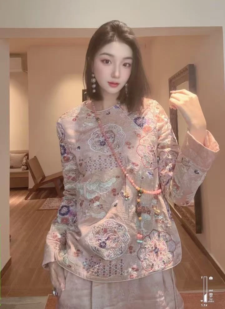 【山水芙蓉】深圳原创设计新中式时尚长袖加棉刺绣碎花上衣套装