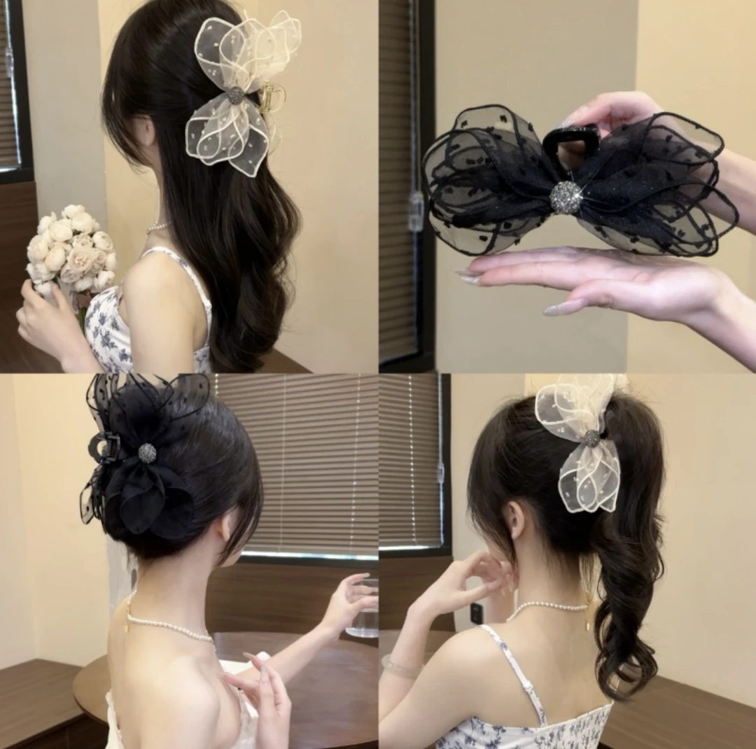新款波点蝴蝶结抓夹高级感气质百搭鲨鱼夹马尾夹后脑勺发饰发夹