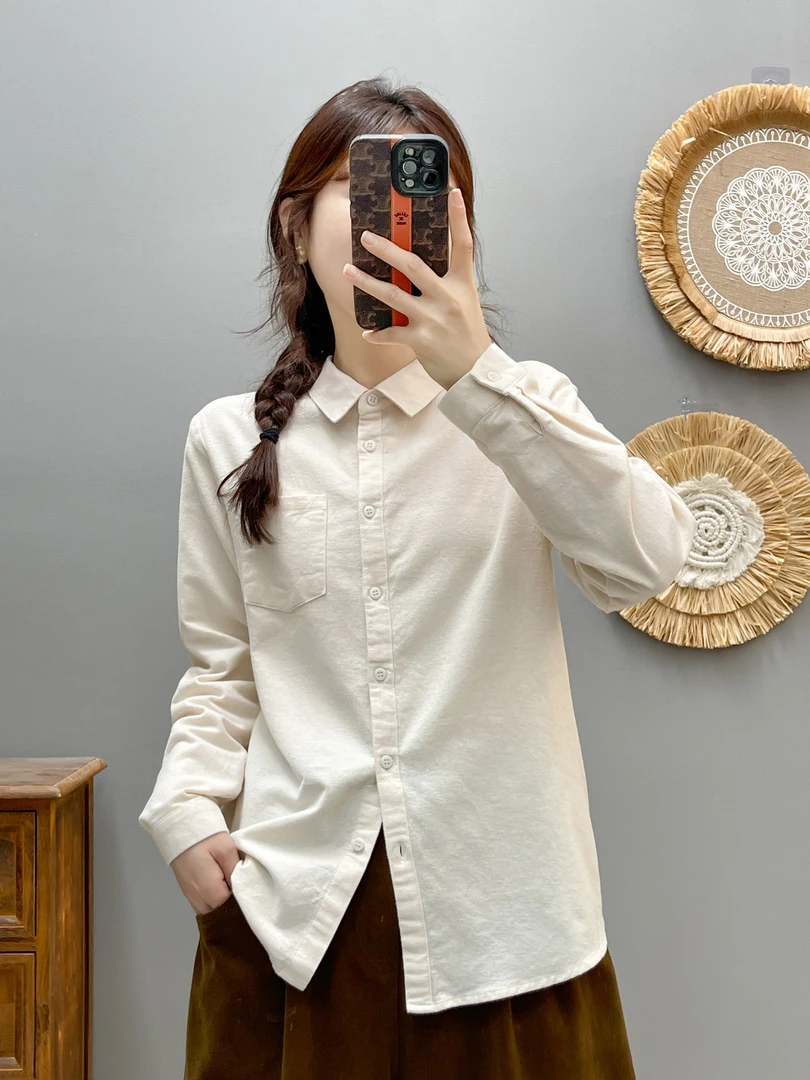 8832简约口袋单排扣纯色磨毛棉长袖衬衫