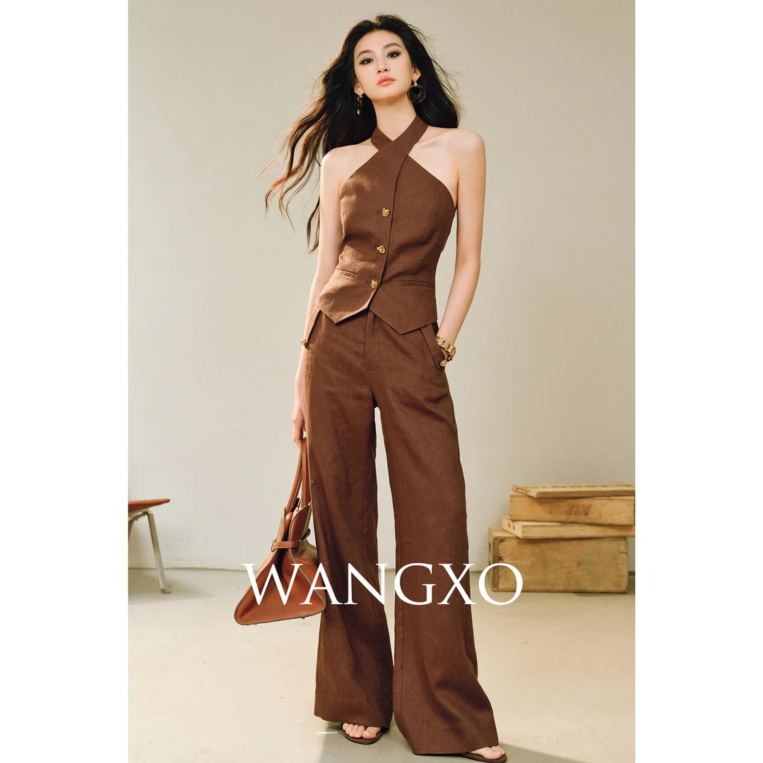 WANGXO｜夏日刚需凉感全亚麻｜交叉挂脖高露肤金属扣上衣直筒裤