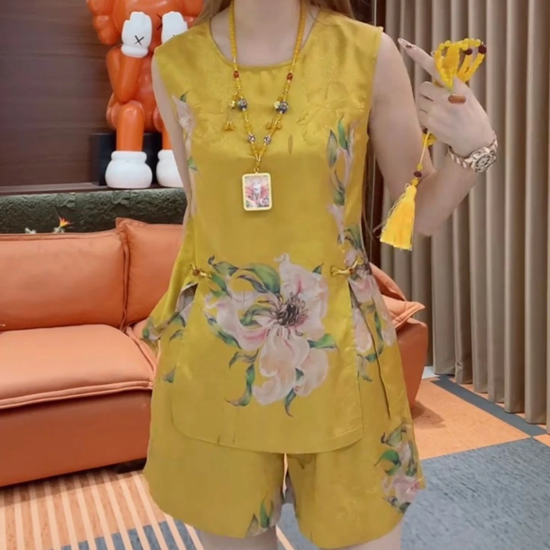 夏季薄款国风套装洋气印花无袖上衣宽松遮肉显瘦短裤两件套中国风