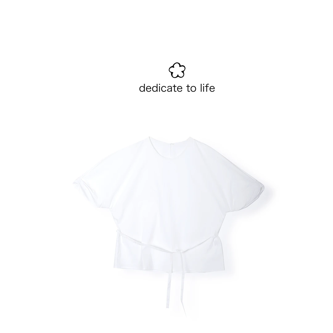 Dedicate献给原创女装/两色短袖系带文艺感衬衫/设计师夏季圆领