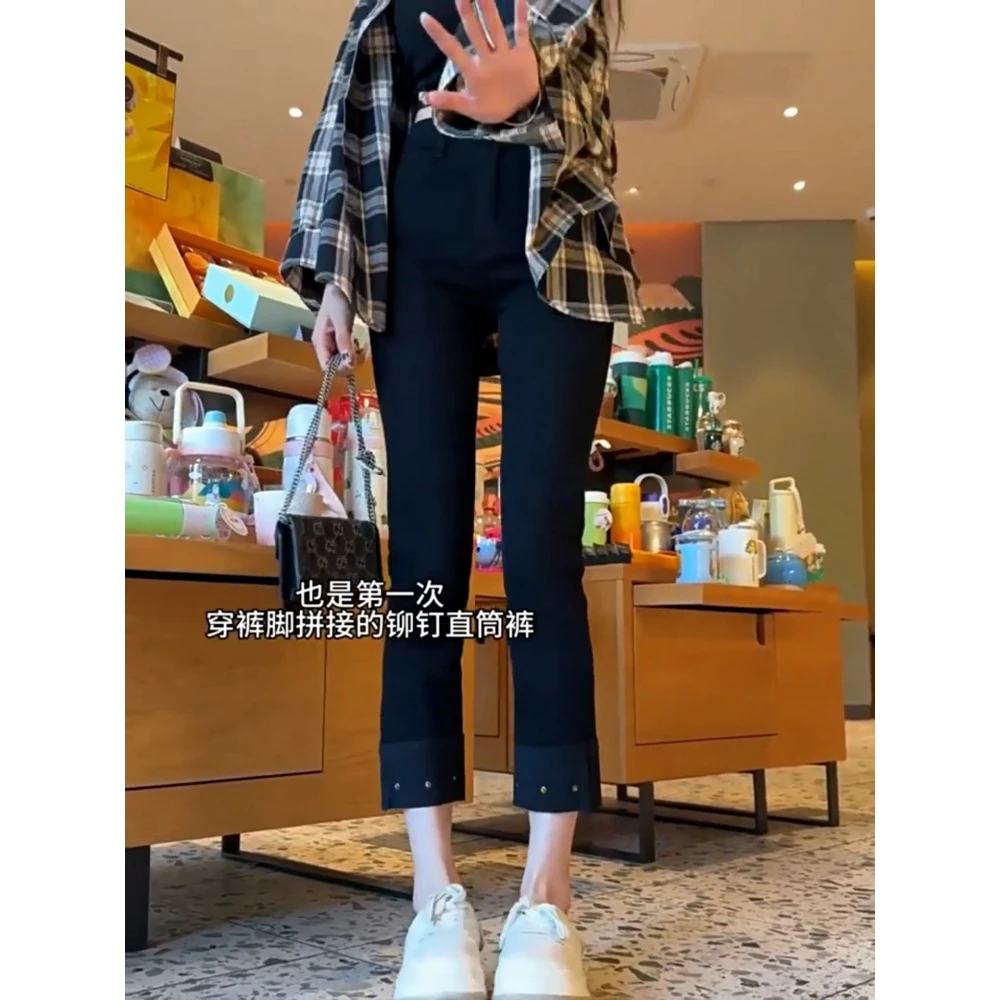 黑色高腰弹力直筒法棍牛仔裤女秋冬加绒宽松显瘦小个子九分烟管裤