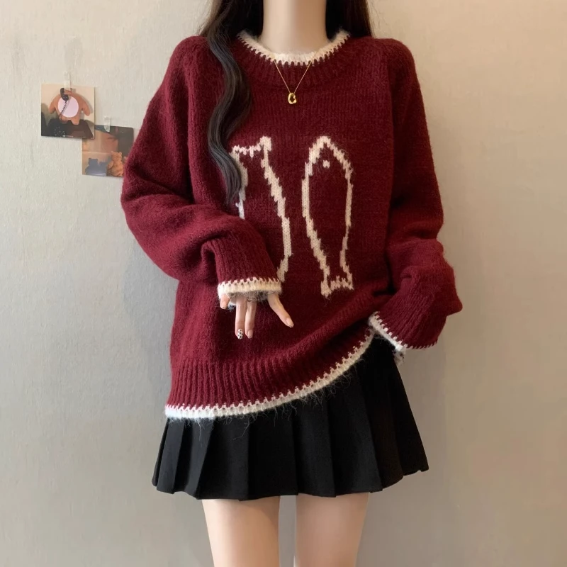 圣诞红色毛衣女秋冬2024新款大码胖mm宽松韩系上衣洋气长袖针织衫